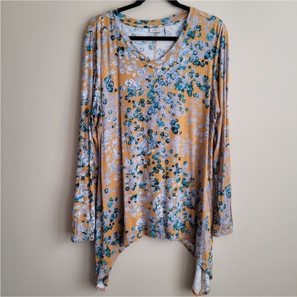 LOGO by Lori Goldstein Asymmetrical Blue and Tan Tunic - Picture 1 of 8